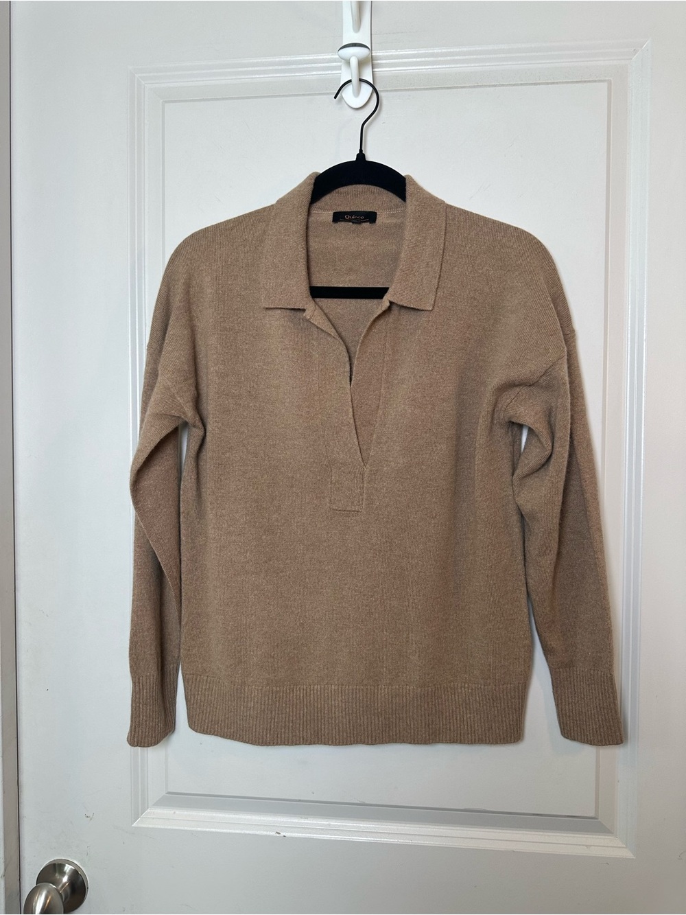 QUINCE Mongolian Cashmere Polo Sweater Solid Tan Camel Pullover Knit Large - Picture 8 of 10